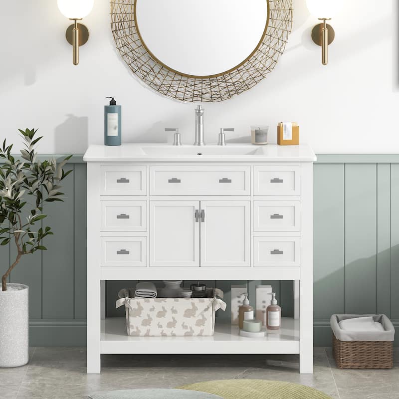 Bathroom Vanity with Top Sink, Bathroom Storage Cabinet with 2 Soft Closing Doors, Bathroom Vanities with 6 Drawers