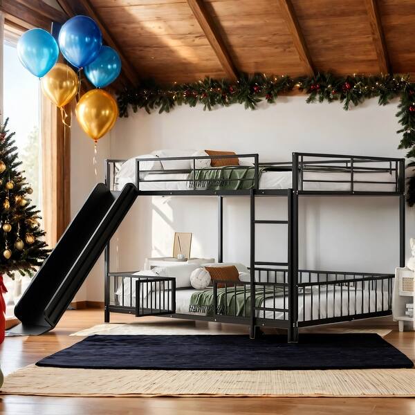 slide 2 of 40, Unique Metal Full over Full Bunk Bed with Slide and Guardrails,Kids Bed Design Black