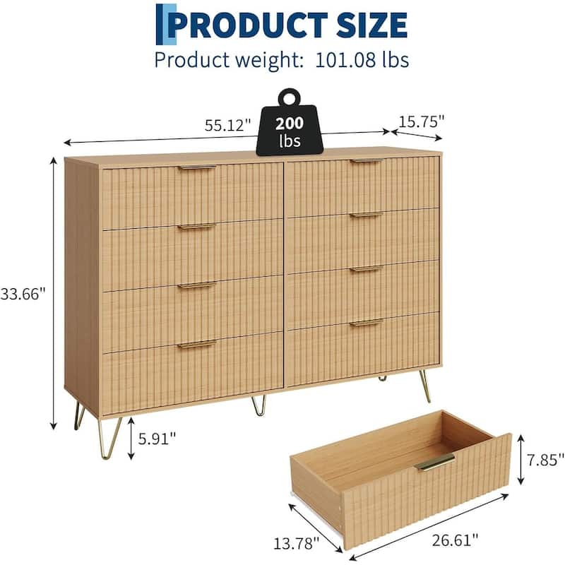 55" Wide Modern Fluted Dresser for Bedroom with 8 Drawers