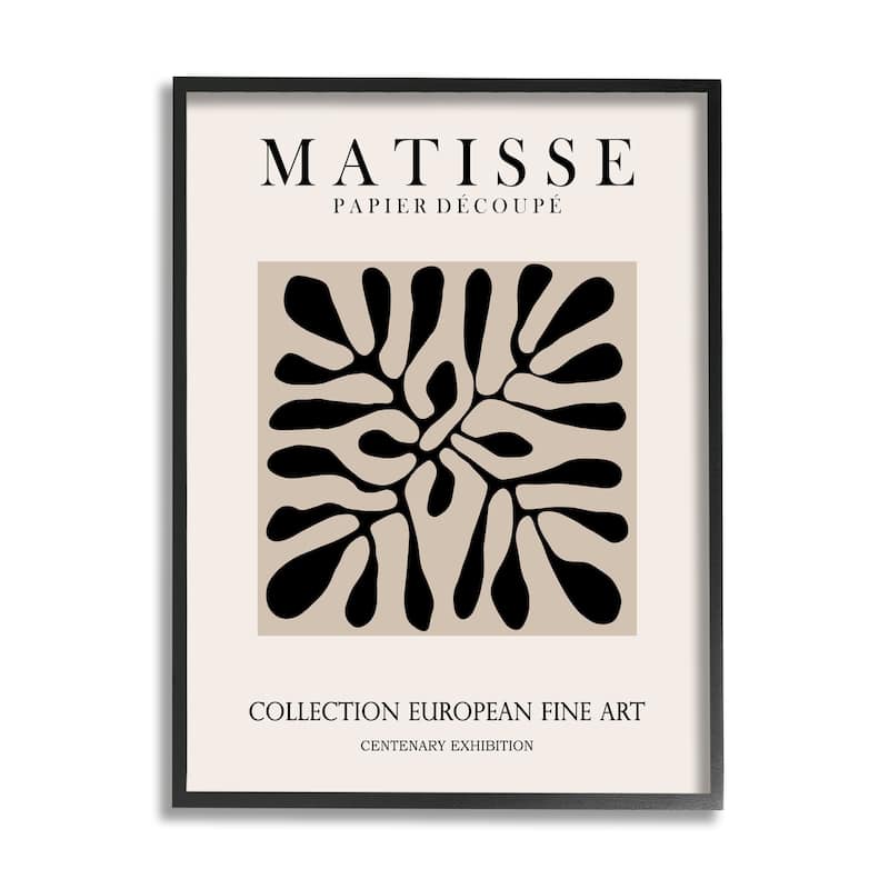Stupell Matisse Leaves Foliage Abstract Silhouette Exhibition Design Framed Wall Art - Off-White - 16 x 20 - Black