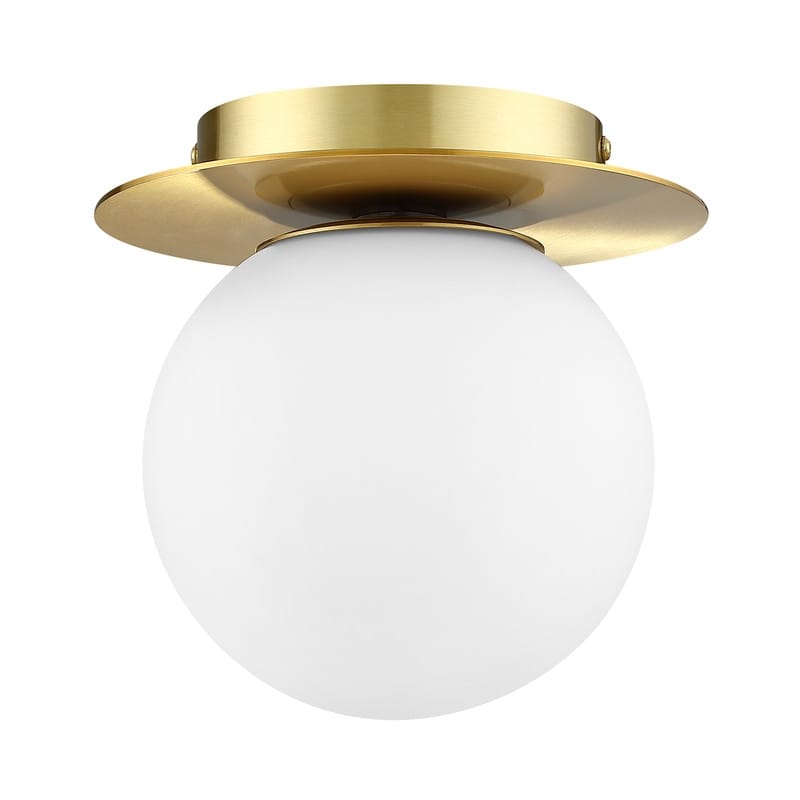 1-Light Damp Rated Brass Wall Sconce with White Glass Shade - 7 in.
