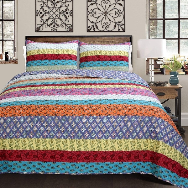 3 pc PATCHWORK QUILT & SHAM Set Multi-Color Flower Stripes Patches FULL *NEW* 