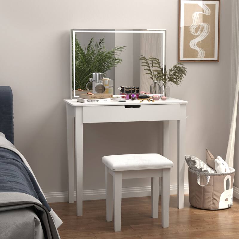 Classic White Makeup and Vanity Set with Stool, Drawers Makeup Mirror