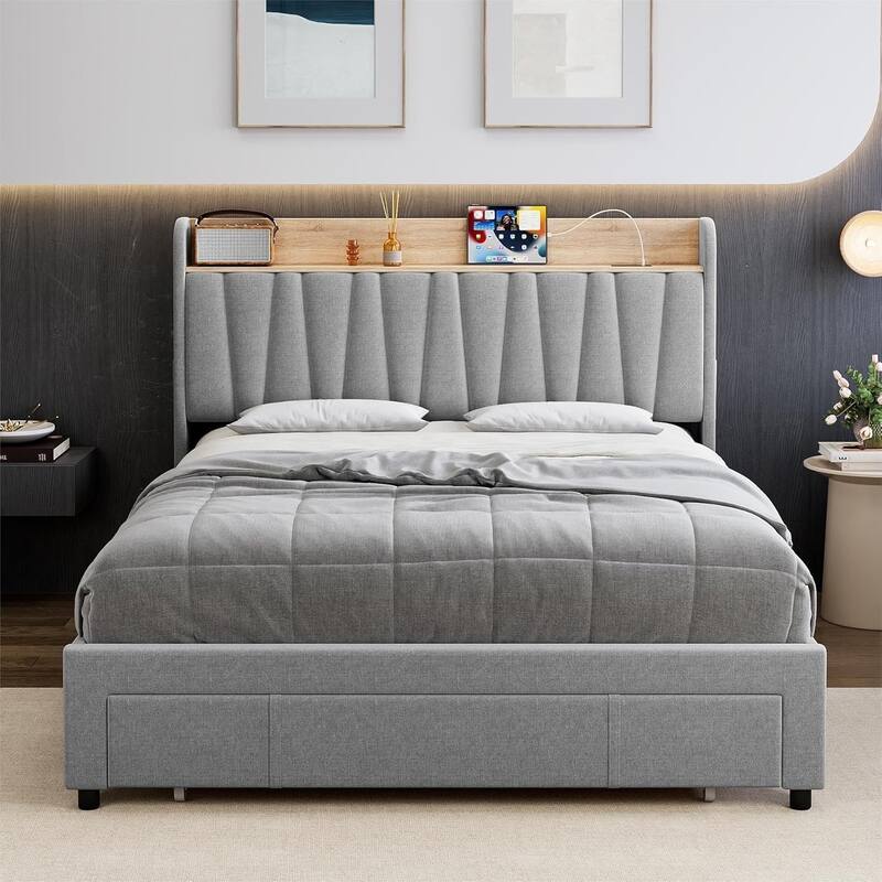 Upholstered Platform Bed with Storage Headboard, Drawer & Charging Station, Wood Slat Support