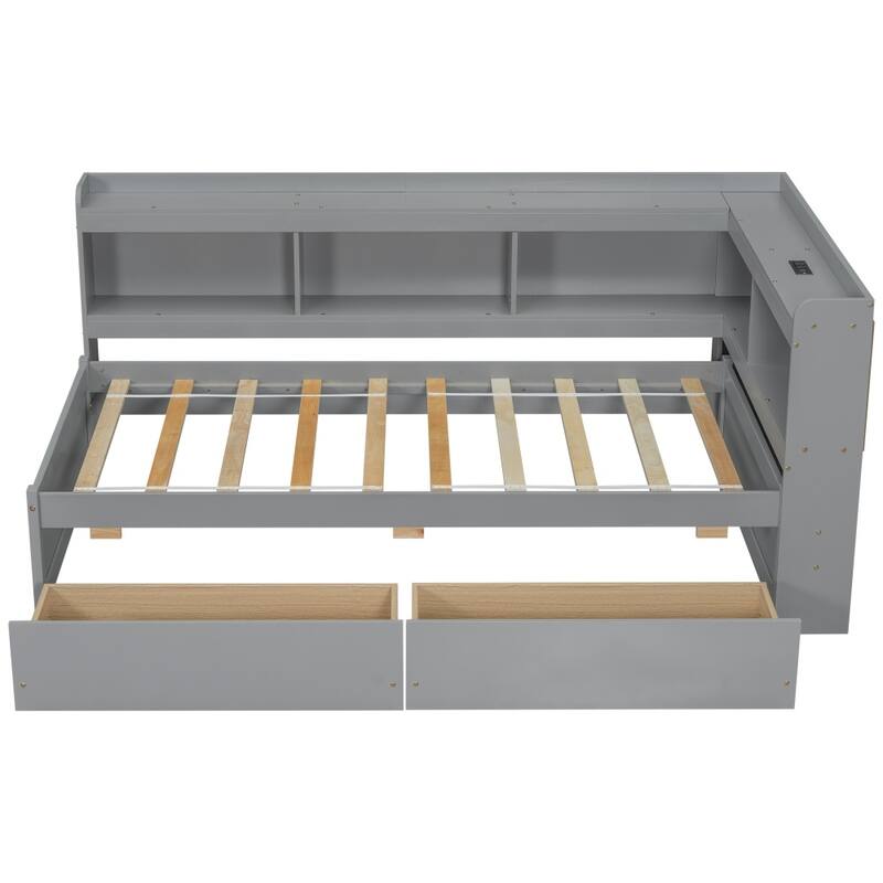 Twin Size L-shaped Bookcases Bed with Power Outlets, USB Charging Ports and Two Drawers