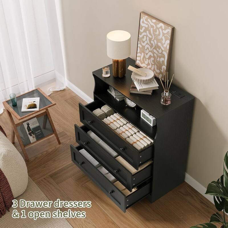 3 Drawer Dresser for Bedroom with Charging Station & LED Lights