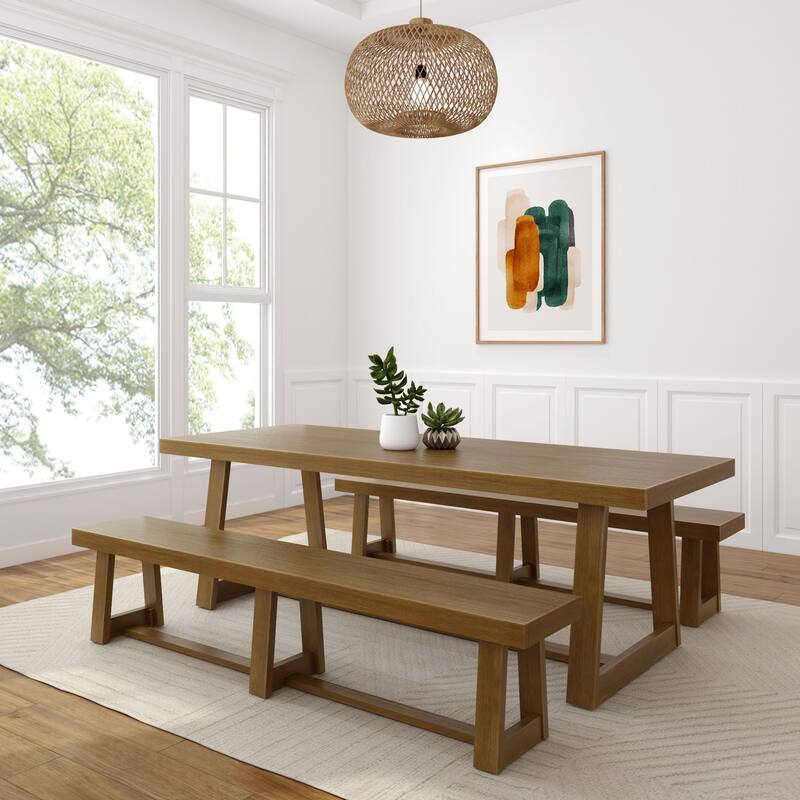 Plank and Beam 94" Classic Solid Wood Conference Dining Table and Benches - Pecan Wirebrush
