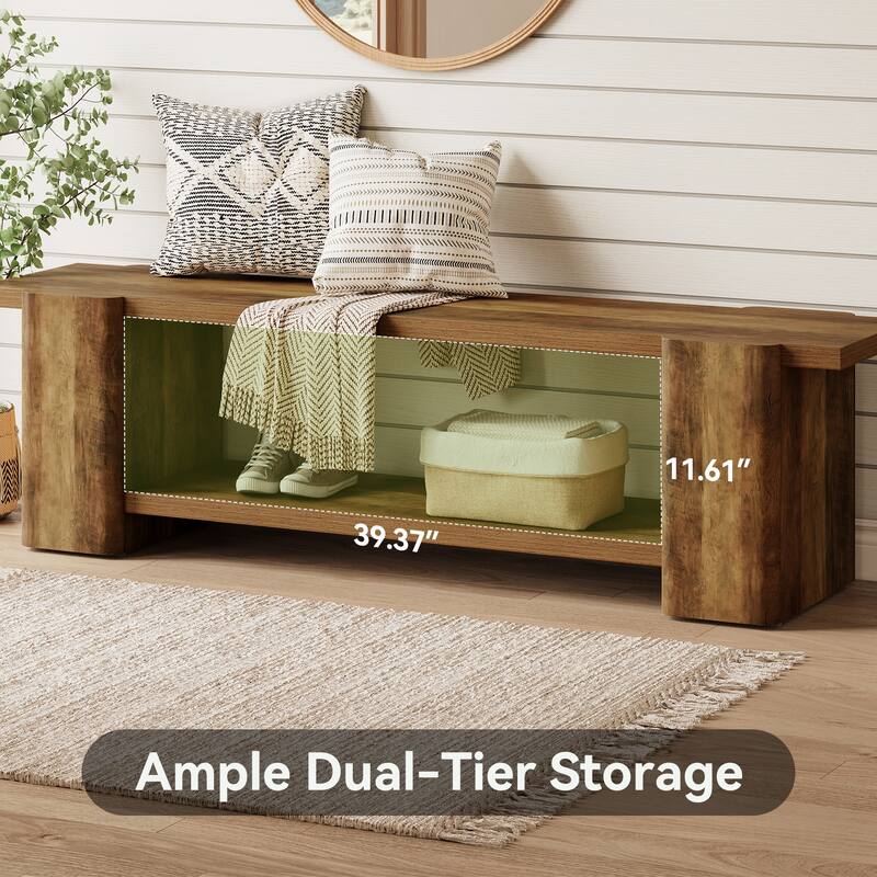 63" Entryway Bench, 2-tier Shoe Bench with Open Shelves