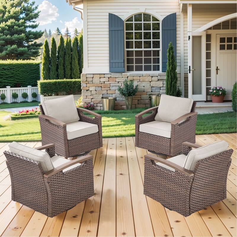 Pocassy Outdoor Brown Wicker Funitre with Cushion Set - Beige Cushion - Swivel Chairs Table with Ottoman Set