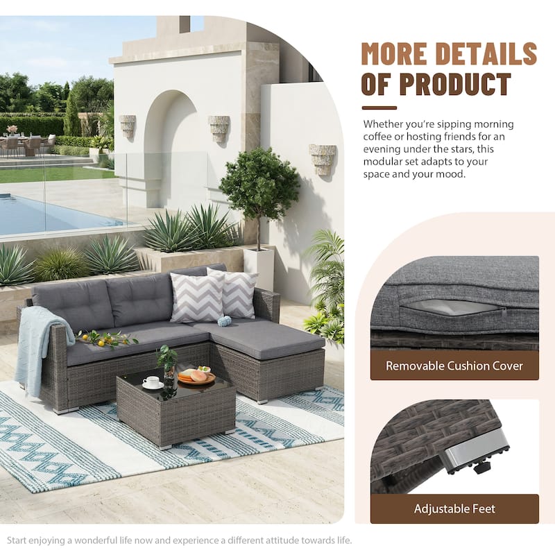 L-Shaped Outdoor Sectional Sofa, PE Wicker Patio Sofa Set with Table and Cushions