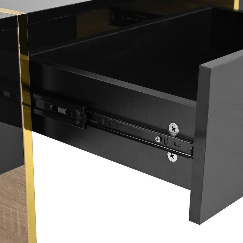 High Gloss Coffee Table with 2 Drawers, Rectangle Storage Sofatable with Wood Legs, Modern Center Table for Living Room