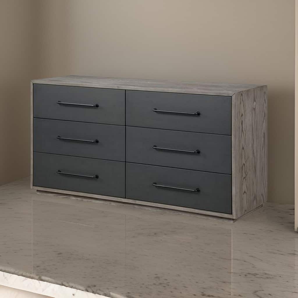 60 Inch Minimalistic 6 Drawer Wood Dresser, Subtle Grain Details, Gray