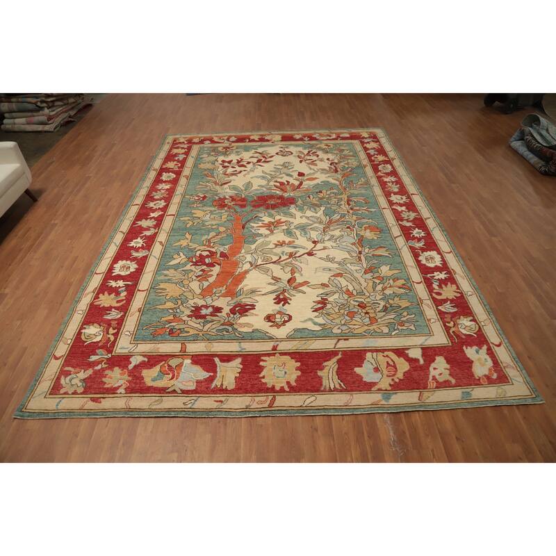 Hand Knotted Oriental 100% Wool Carpet Transitional Floral Green Oushak Area Rug - 14' 0'' X 10' 1''