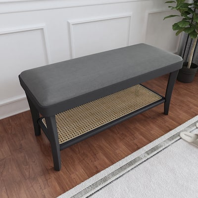 Maisy 15-Inch Solid Rectangle Bench - Gray Velvet w/ Birch wood legs+Natural rattan shelve