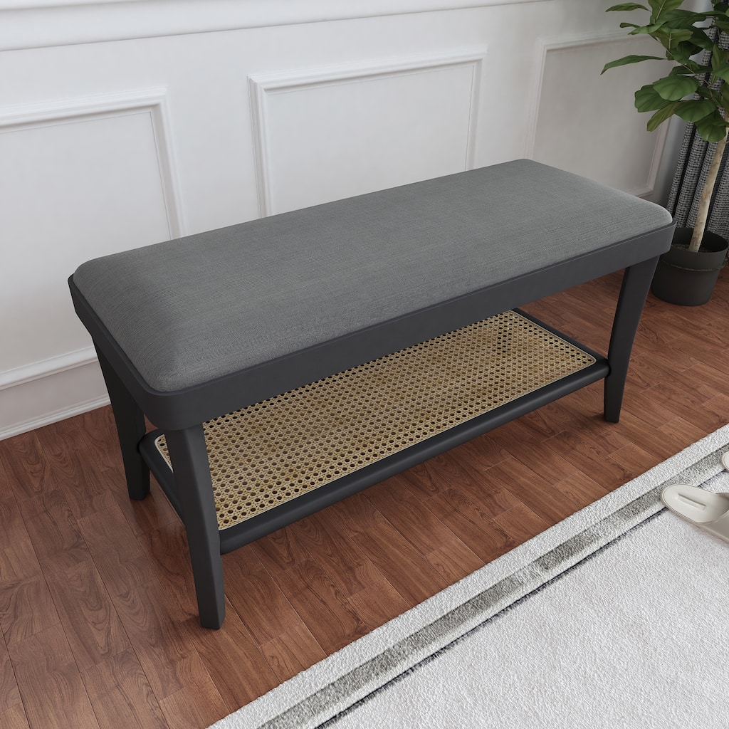 Maisy 15-Inch Solid Rectangle Bench - Gray Velvet w/ Birch wood legs+Natural rattan shelve