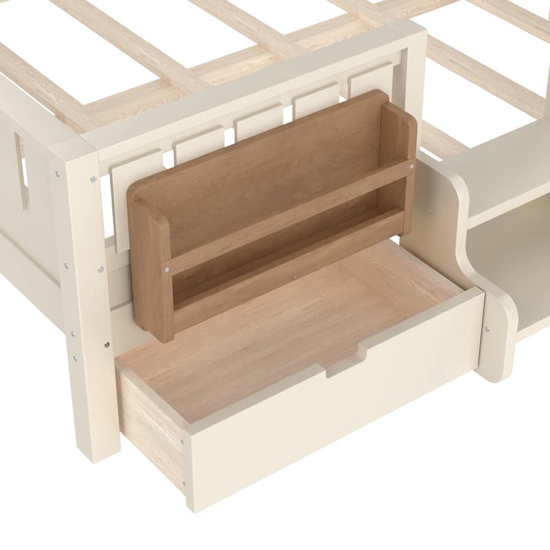 Multiple Colors Toddler Montessori Bed Children's Platform Bed with Low Profile Stairs, Built-in Bookshelf and Storage Drawers