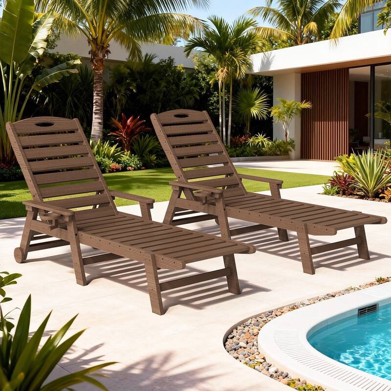 Domi Patio Lounge Chair Outdoor, HDPE Outdoor Chaise Lounge with Reclining Backrest, Pool Lounger Chair for Outside, Poolside - Brown-2 Chairs