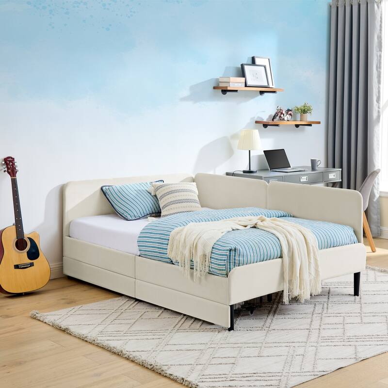 Velvet Upholstered Platform Bed Frame with 2 Storage Drawers