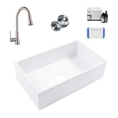 Turner Crisp White Fireclay 30" Single Bowl Farmhouse Apron Front Undermount Kitchen Sink with Pfirst Faucet Kit
