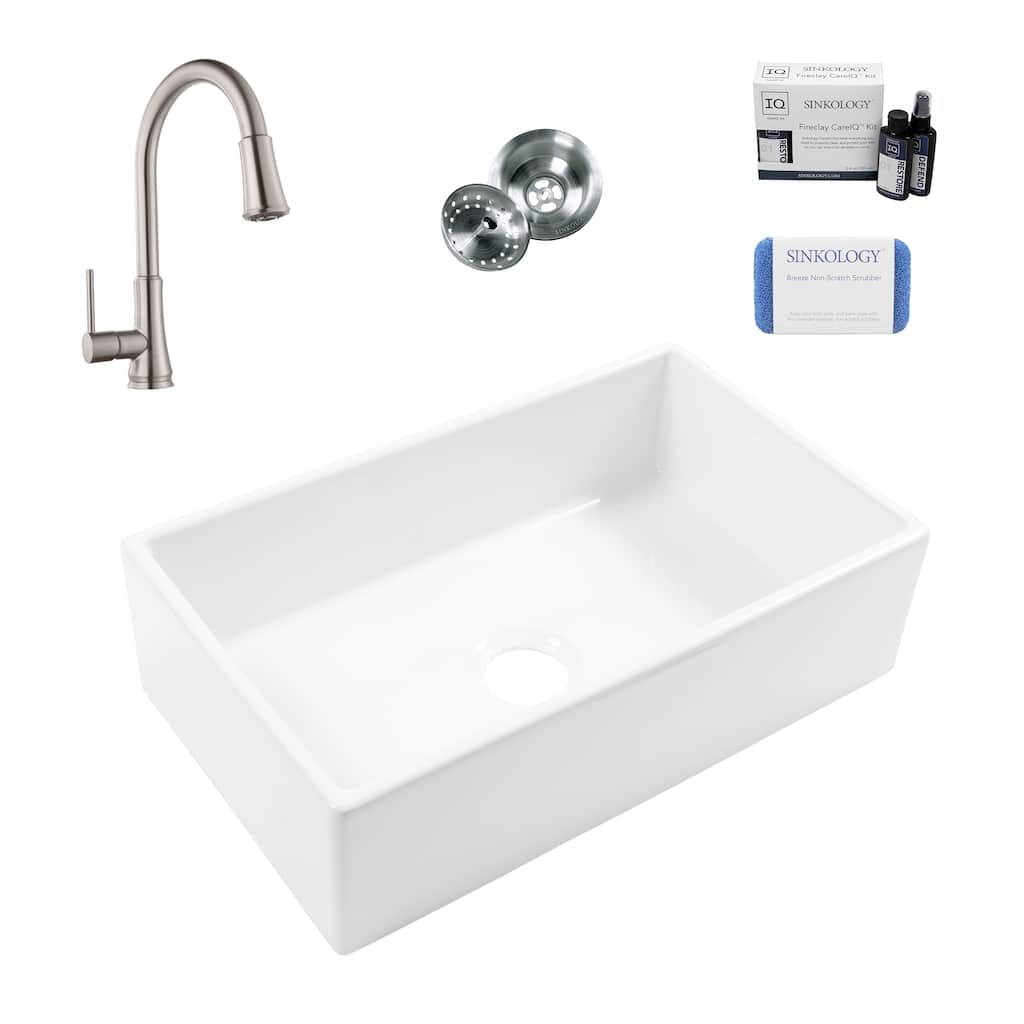 Turner Crisp White Fireclay 30" Single Bowl Farmhouse Apron Front Undermount Kitchen Sink with Pfirst Faucet Kit
