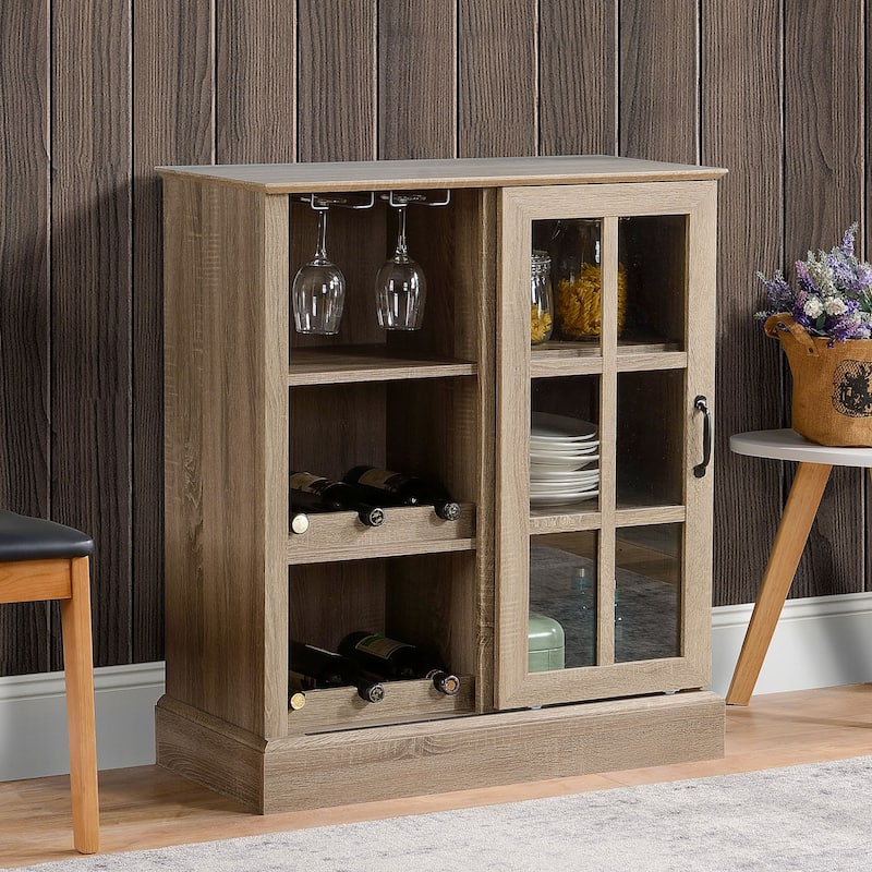 HOMCOM Sideboard with Sliding Glass Door, Bar Cabinet, Buffet Cabinet with 6-bottle Wine Rack and Stemware Racks, Brown - Brown