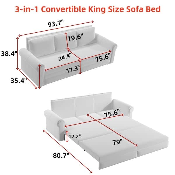 Chesterfield Sofa,93.7" King Pull Out Sofa Bed,3-in-1 Velvet Convertible Sleeper Sofa with Nailhead Trim & Rolled Arm