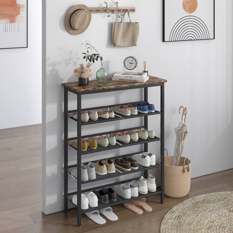 Industrial Shoe Rack, 5-layer 20-24 Pairs Shoes Shelf Organizer with 4 mesh shelves for Entrance, Entryway, Living room, Bedroom