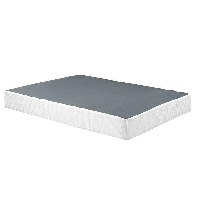 California King Mattress Foundation with Black Metal Frame and Textured Fabric Cover