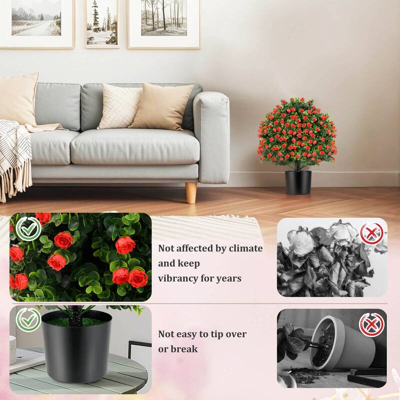 Costway 2 Pack Artificial Rose Topiary Ball Tree Faux Shrub Bushes - Green & Red & Black - See Details