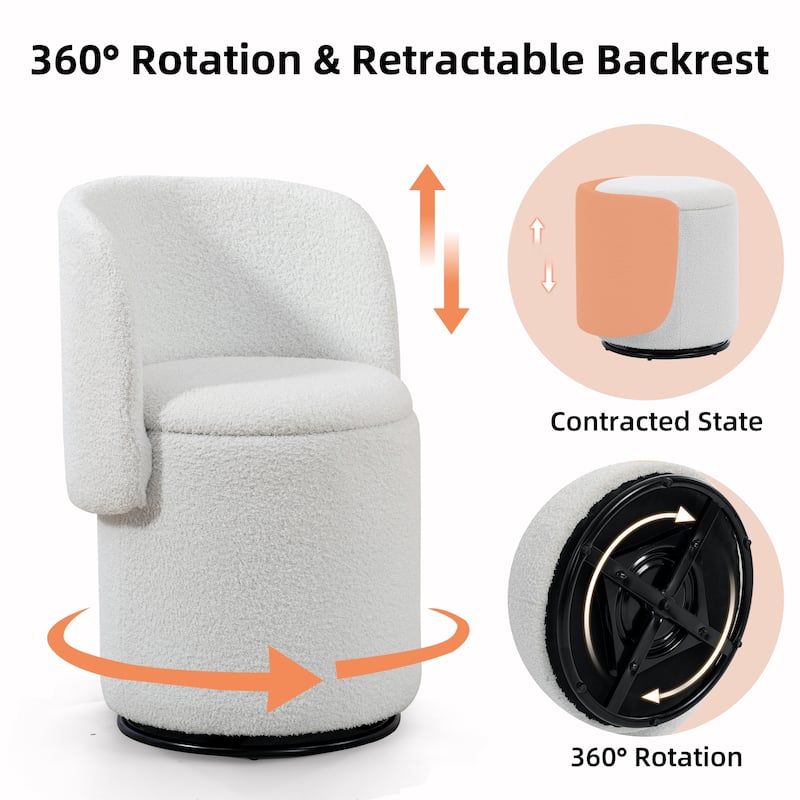 Stylish Upholstered Barrel Chair: 360°Swivel Vanity Stool for Bedroom & Dining Chair, Built-in Storage, Soft Padded Accent Seat