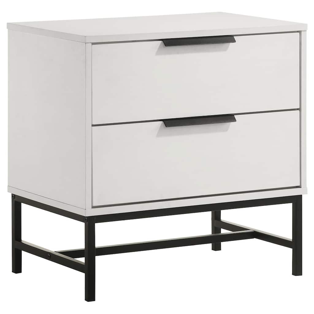 White 2-Drawer Nightstand with Black Base, Bar Pulls and Wide Top for Sleek Minimalist Contemporary Bedside