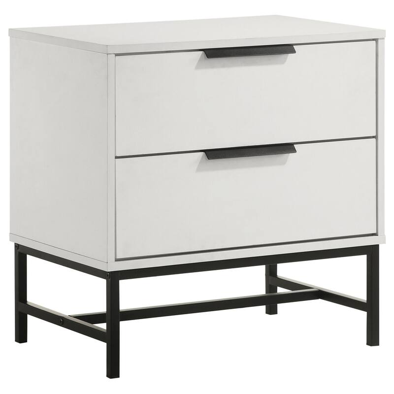 White 2-Drawer Nightstand with Black Base, Bar Pulls and Wide Top for Sleek Minimalist Contemporary Bedside