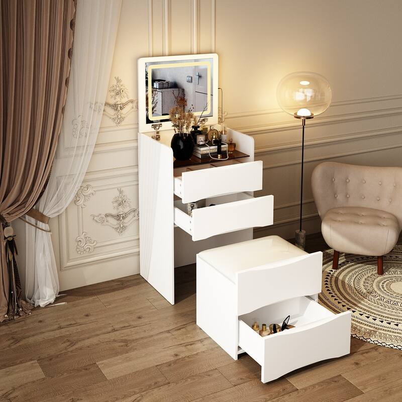 Dresser Chest Multi-Functional Vanity w/LED Mirror and Storage Stool