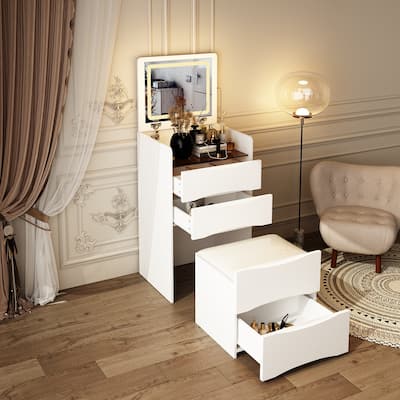 Space-Saving Vanity and Stool Set with LED-Lit Mirror Chest Dresser