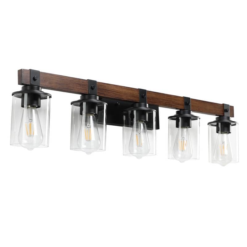Vanity Light, Industrial Bathroom Wall Sconce with Glass Shades and Wood Accent, Modern Farmhouse Lighting Fixture (No Bulbs)