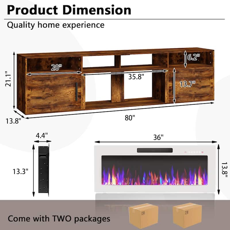 BOSSIN 80" Floating TV Stand with 36" Electric Fireplace, High Gloss Finish Wall Mounted Fireplace TV Stand with Storage