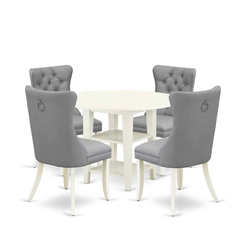 5-Piece Linen White Finish Solid Wood Top - Round Dining Room Set - Seats 4