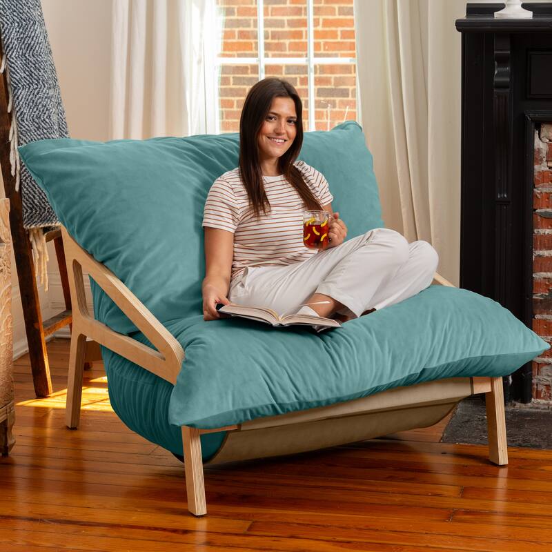 Pillow Saxx Dream Lounger with Wood Frame - 3-in-1 Bean Bag - Lush Velvet Turquoise