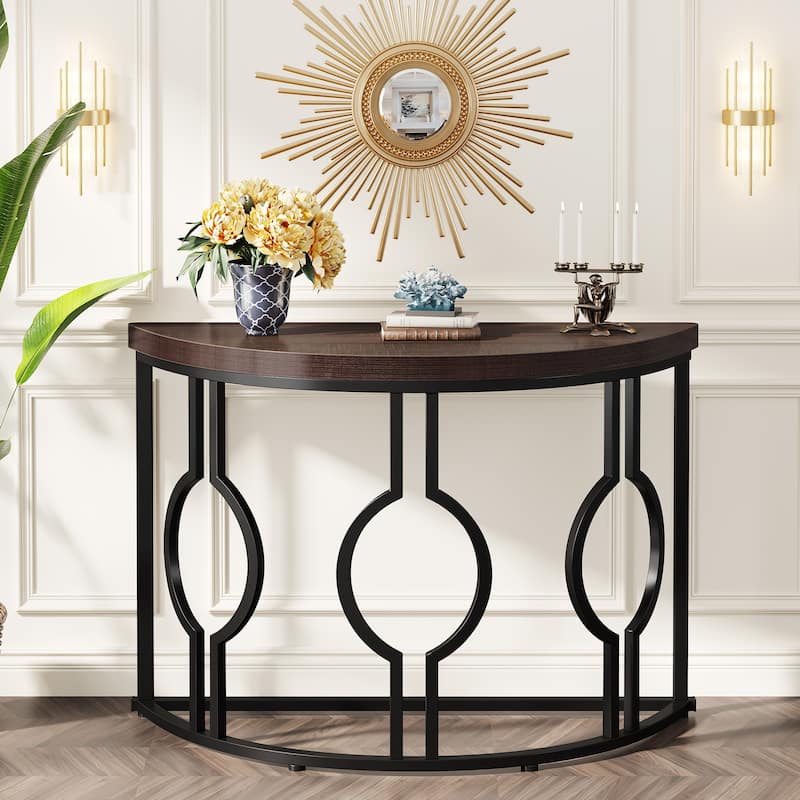 43" Half Moon Console Table for Entryway, Industrial Semi Circle Sofa Table with Geometric Base - Rustic Brown