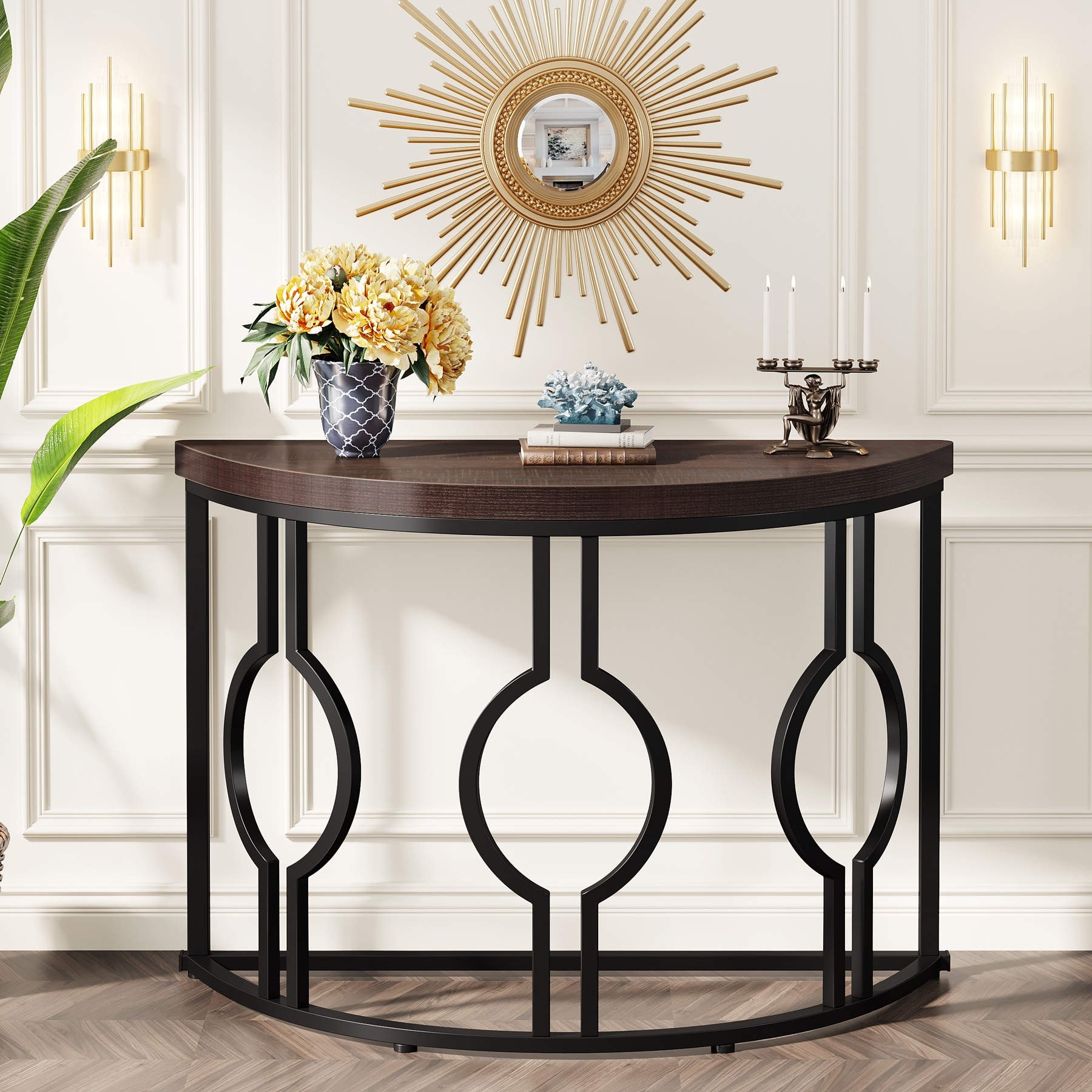 43" Half Moon Console Table for Entryway, Industrial Semi Circle Sofa Table with Geometric Base