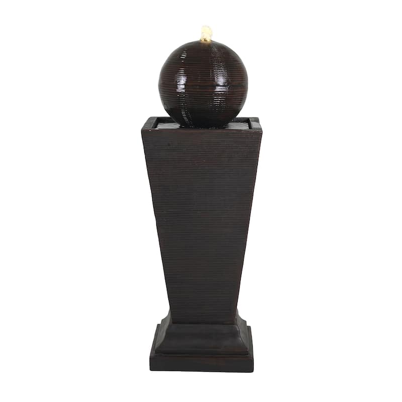 35.5"H Dark Brown Concrete Tall Column Fountain-LED Light Retro Outdoor Oasis, Durable Decor Feature