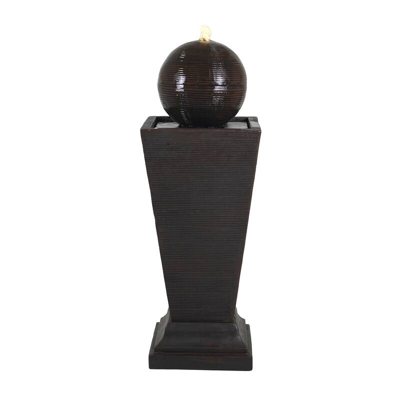 Roomfitters 35.5-Inch Tall Column Outdoor Fountain with Sphere Topper and LED Lights, Concrete Retro Garden Oasis, Dark Brown