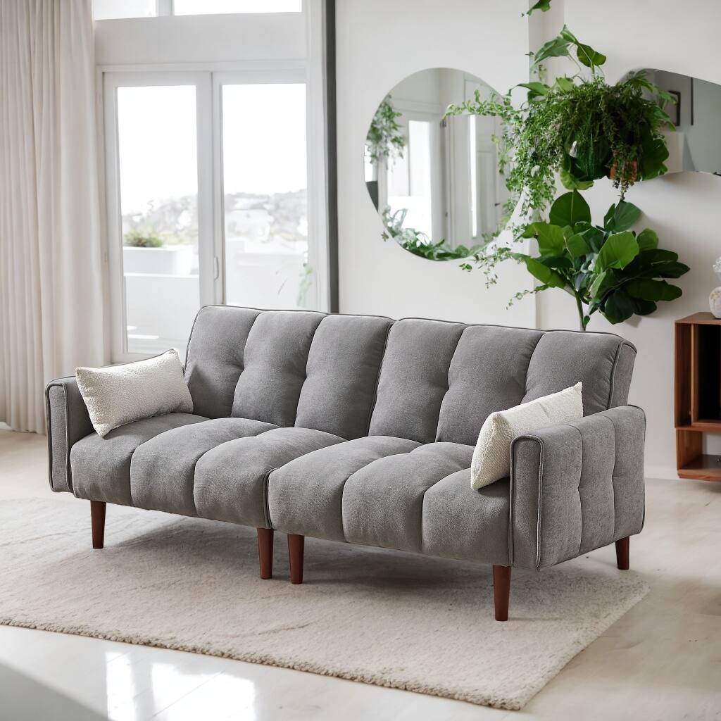 Linen Upholstered Convertible Futon Sofa Bed with Pillows, Grey