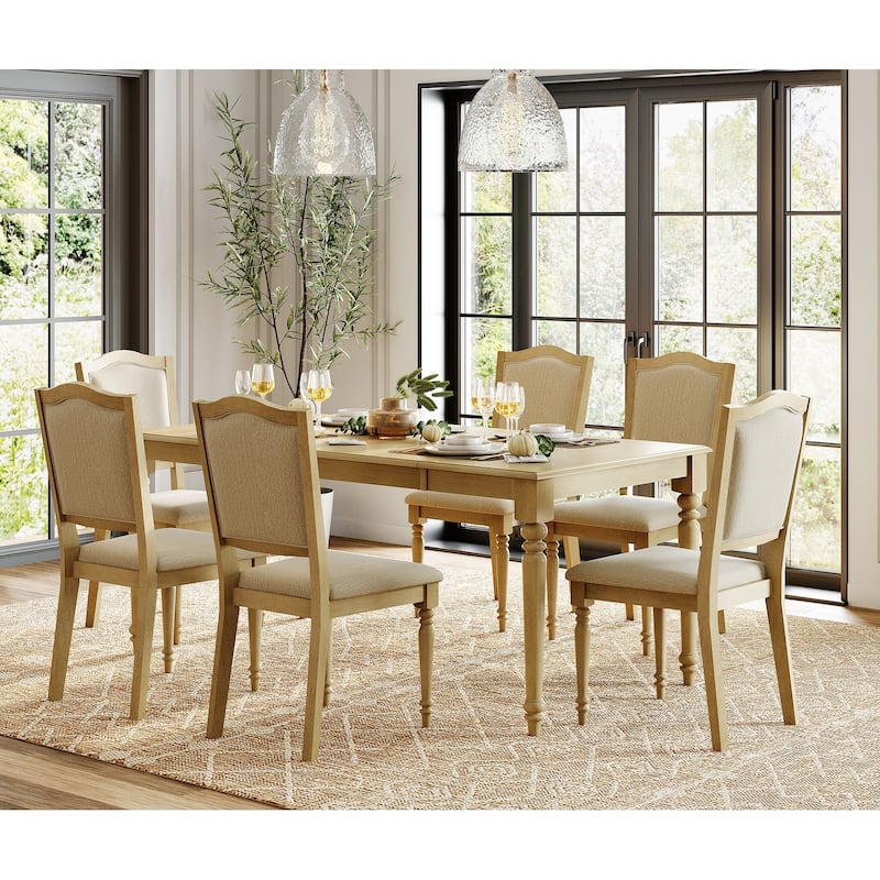 Farmhouse Dining Table Set, Wood Dining Table & Upholstered Chairs,Oak - 7 Piece - Oak