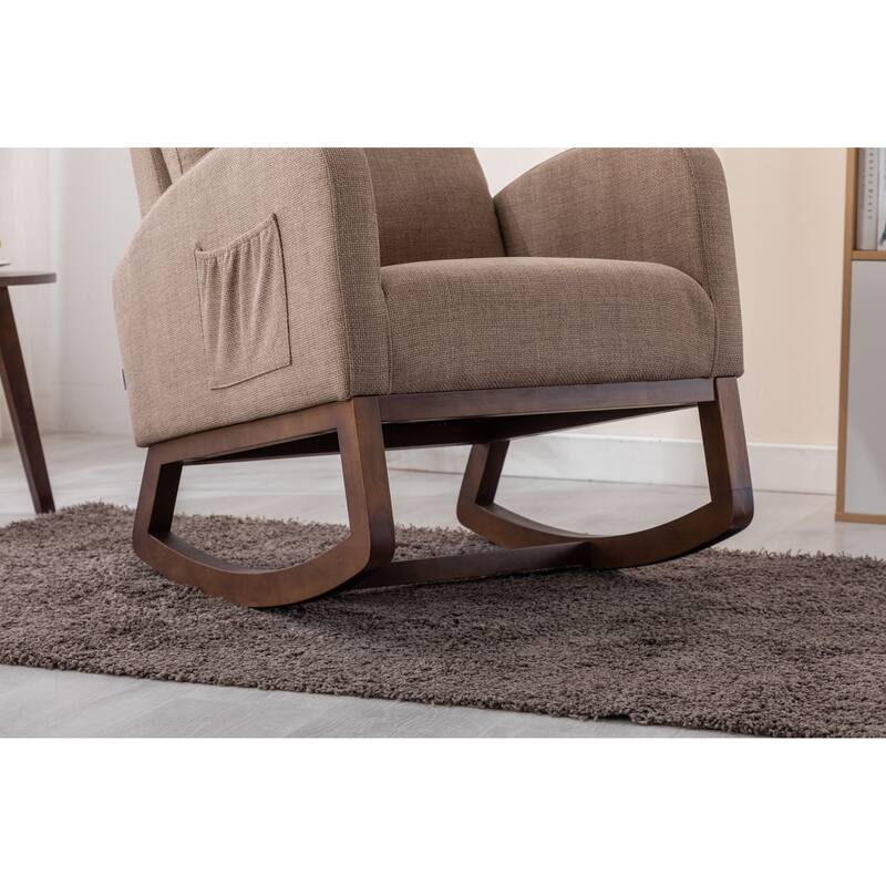Linen High-Back Rocking Chair with Recliner Function, Side Pocket, and Solid Wood Legs