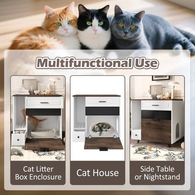 Cat Litter Box Enclosure, Indoor Hidden Cat Litter Box Furniture with 2 Drawers and Door, Cat House End Table for Living room