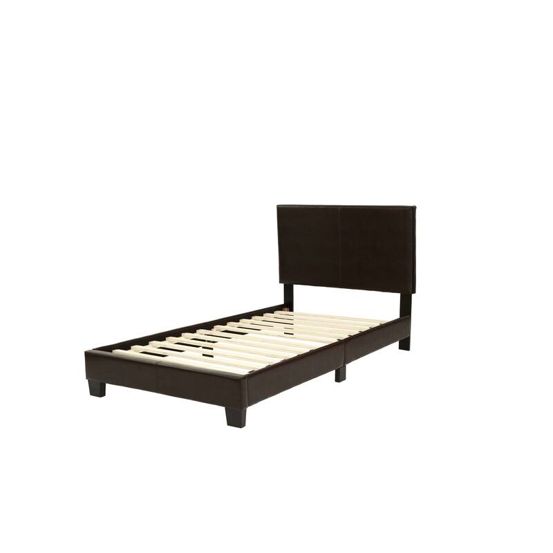 Twin Size Faux Leather Upholstered Bedframe with Adjustable Headboard, Modern Brown Bedroom Furniture