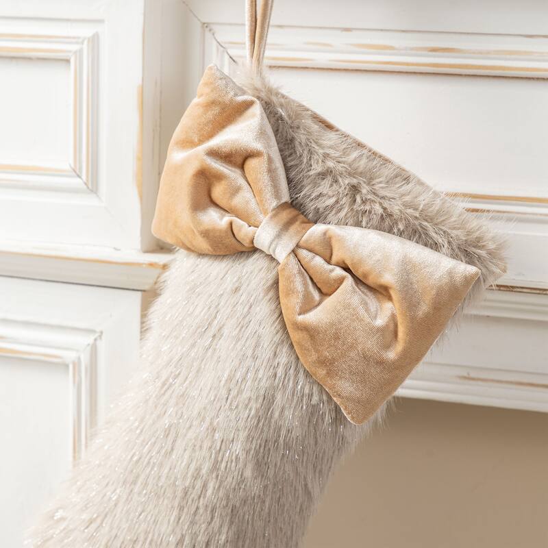 Glitzhome 21"L Plush Faux Fur Christmas Stocking with Bow & Tree Skirt