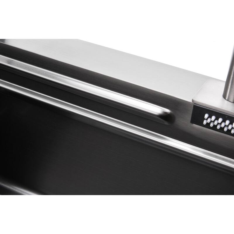 Waterfall Kitchen Sink,Single Bowl in Black, Multifunctional Workstation with Flying-rain Faucet and Cutting Board