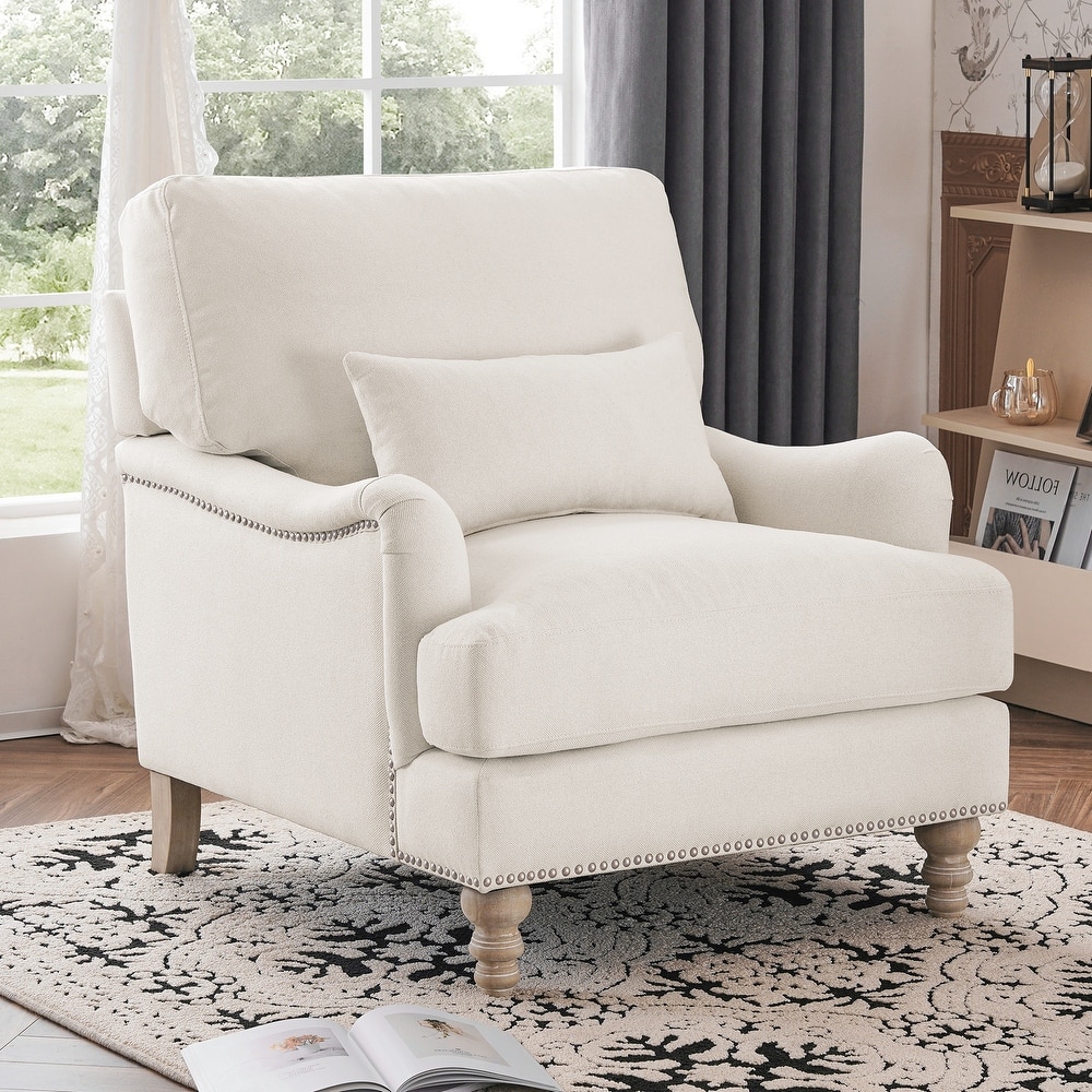 Upholstered Accent Chair with Solid Wood Legs and Pillow for Living Room Seating